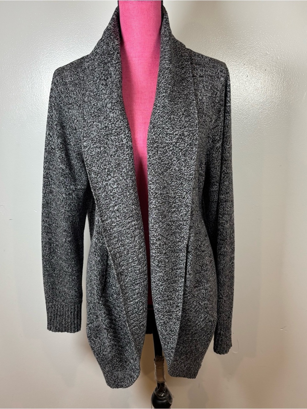 Elle Cardigan Sweater Women’s Sz L Black Gray Marled Open Front Shawl Collar